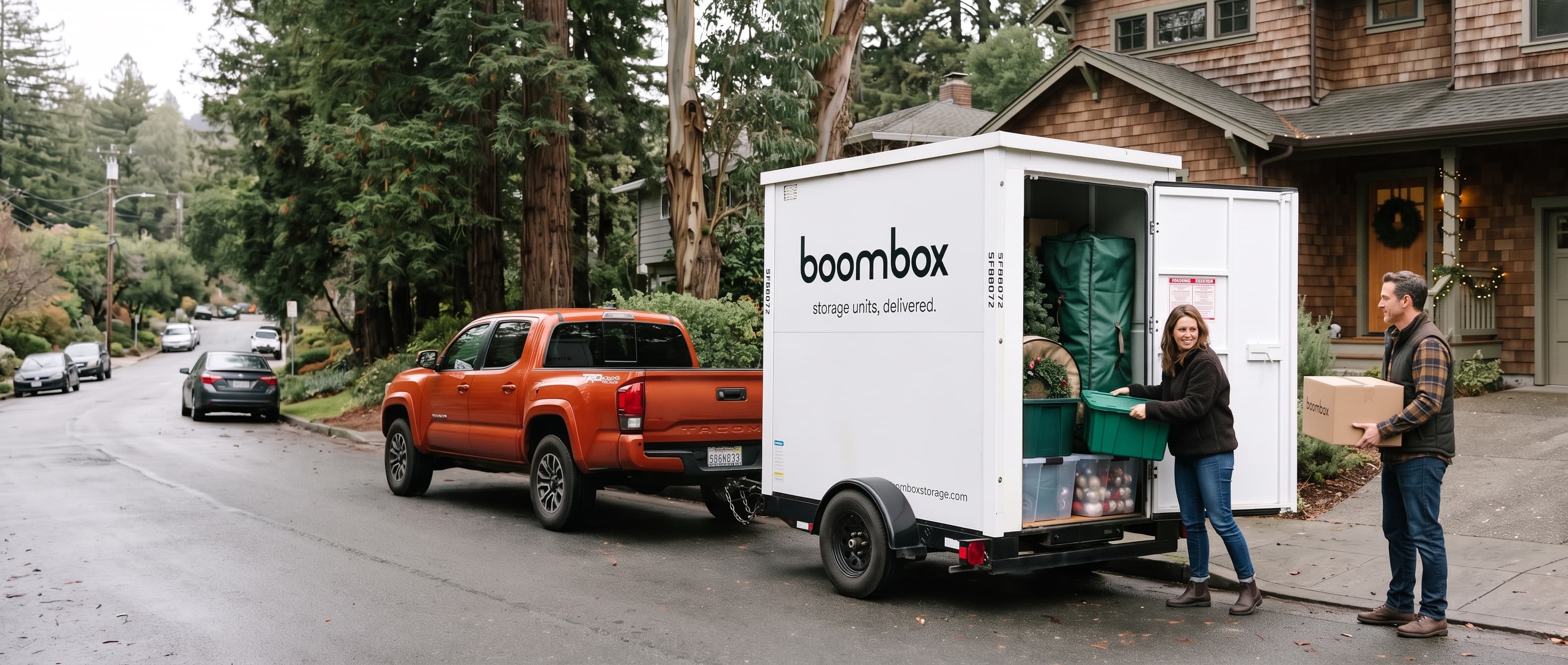 Holiday decorations packed securely in a Boombox storage unit