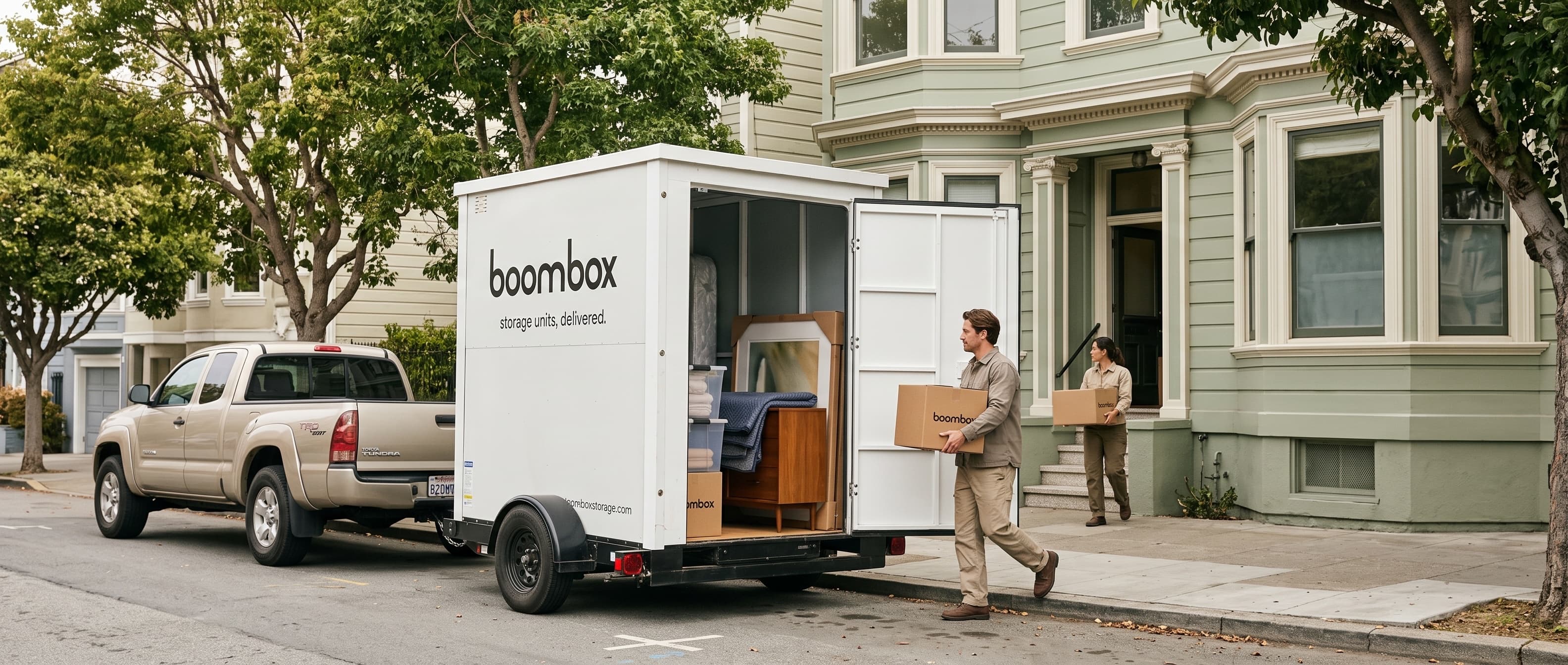 Household items being loaded into a Boombox storage unit during a move