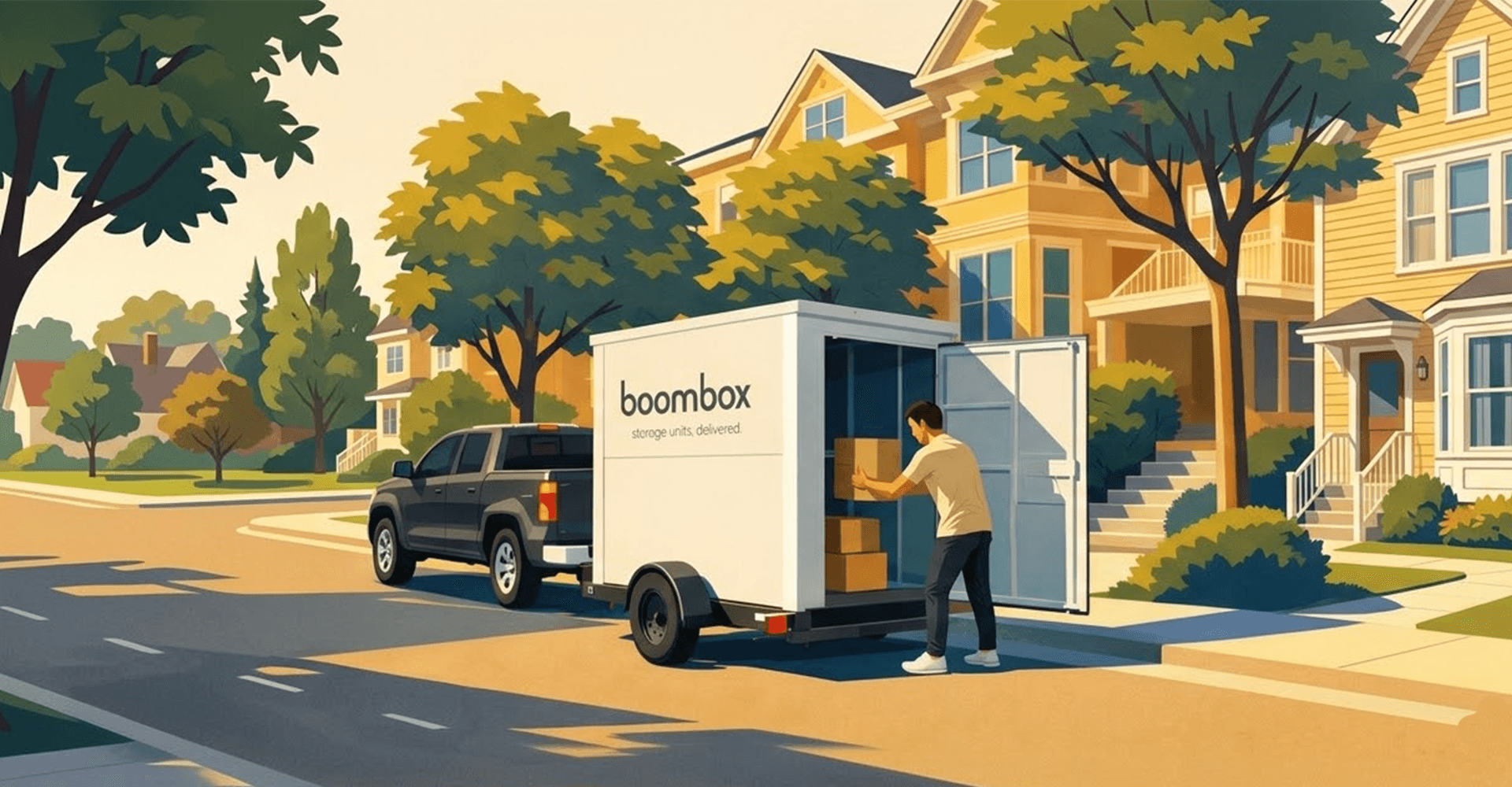 Boombox delivery truck arriving at a home