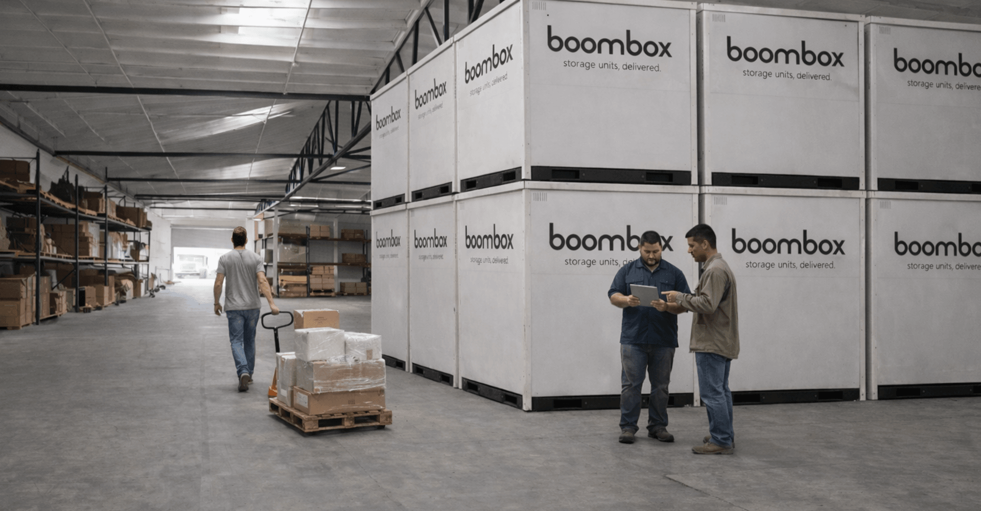 Inside of boombox warehouse showing employees working together