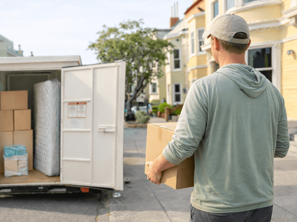 Packing belongings into Boombox storage unit with professional help
