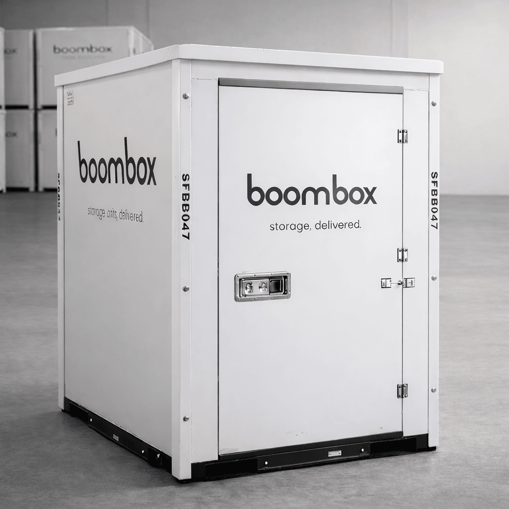 Boombox storage unit in warehouse showing the exact dimensions of the storage unit.