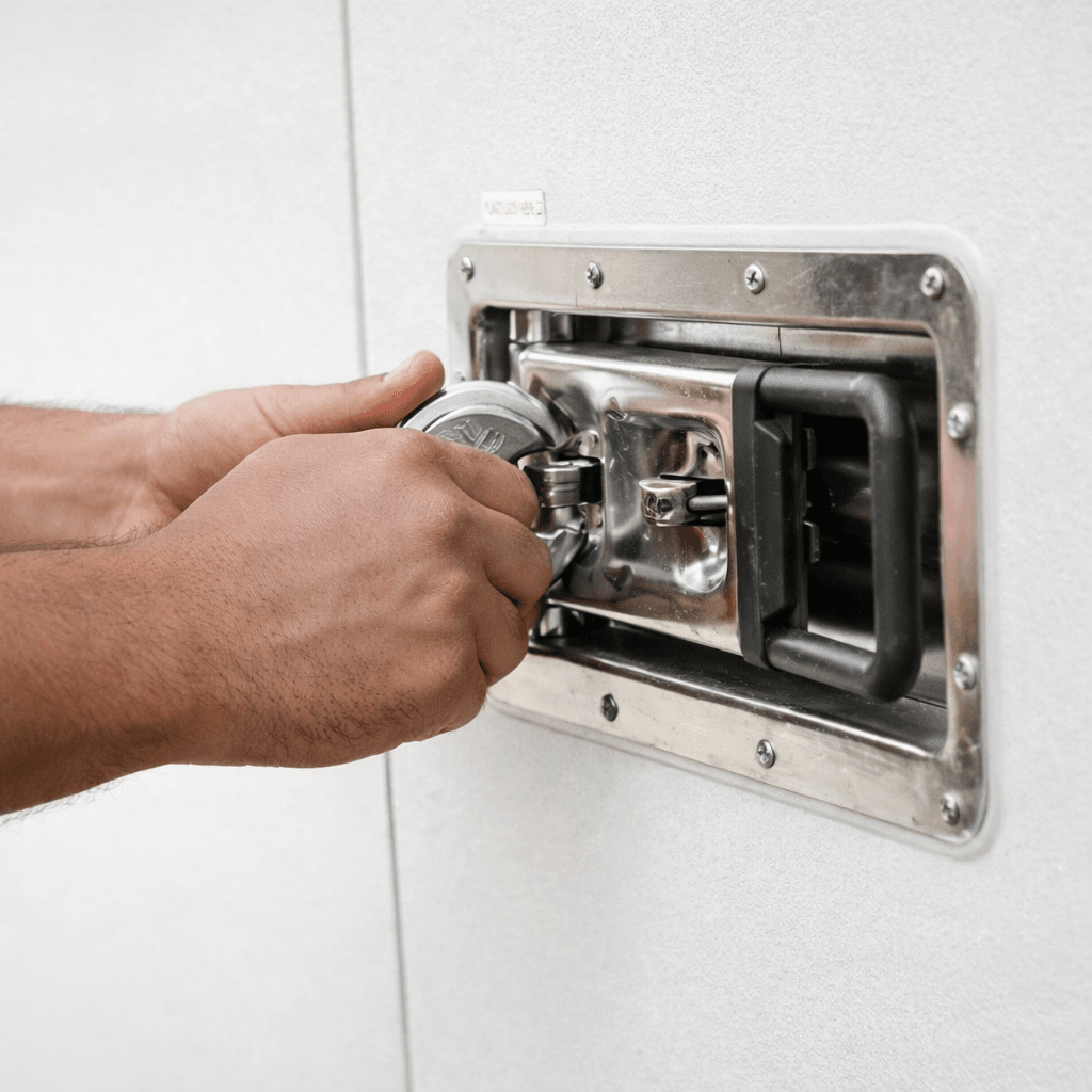Sturdy steel construction Boombox storage container. Man locking steel sturdy locking mechanism.