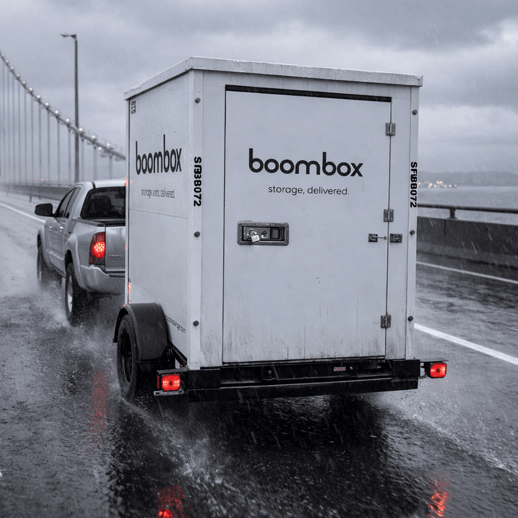 Weatherproof Boombox storage container crossing a san francisco bay bridge in the rain.